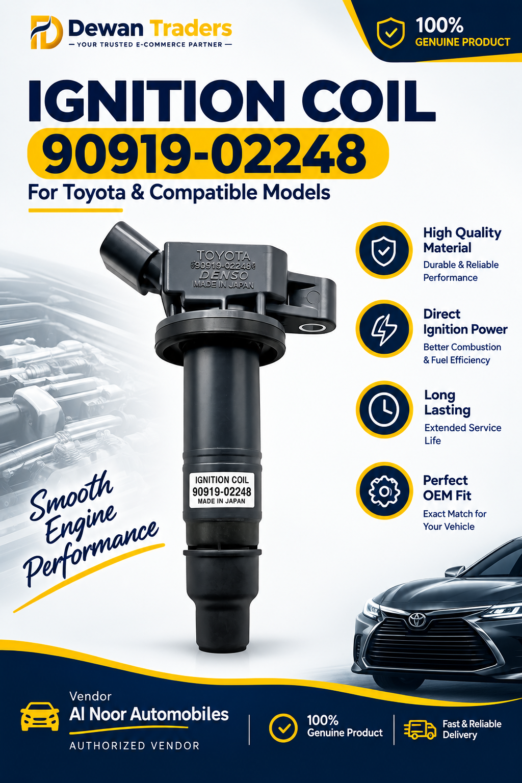 Genuine OEM Toyota / Denso Ignition Coil — Part # 90919-02248 - Recondition